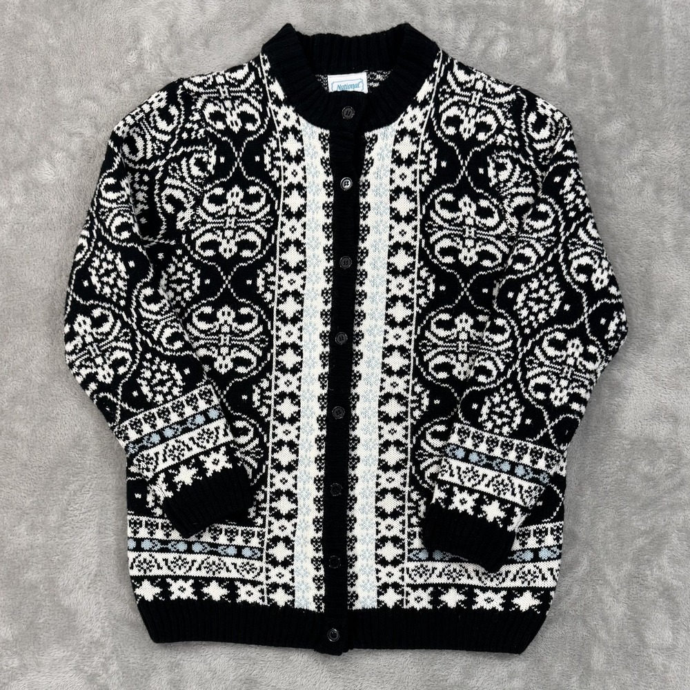 National Cardigan Womens 2X Plus Black White Fair Isle Sweater Nordic Style